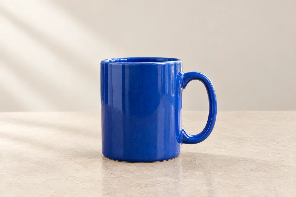 Resultado de IA con la taza azul sobre una superficie clara y luz lateral suave